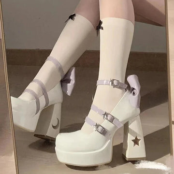 Xajzpa  Heels Women Pumps Platform High Heels Ankle Strappy Casual Office Shoes Spring Summer Block Heels mary jane shoes heels white